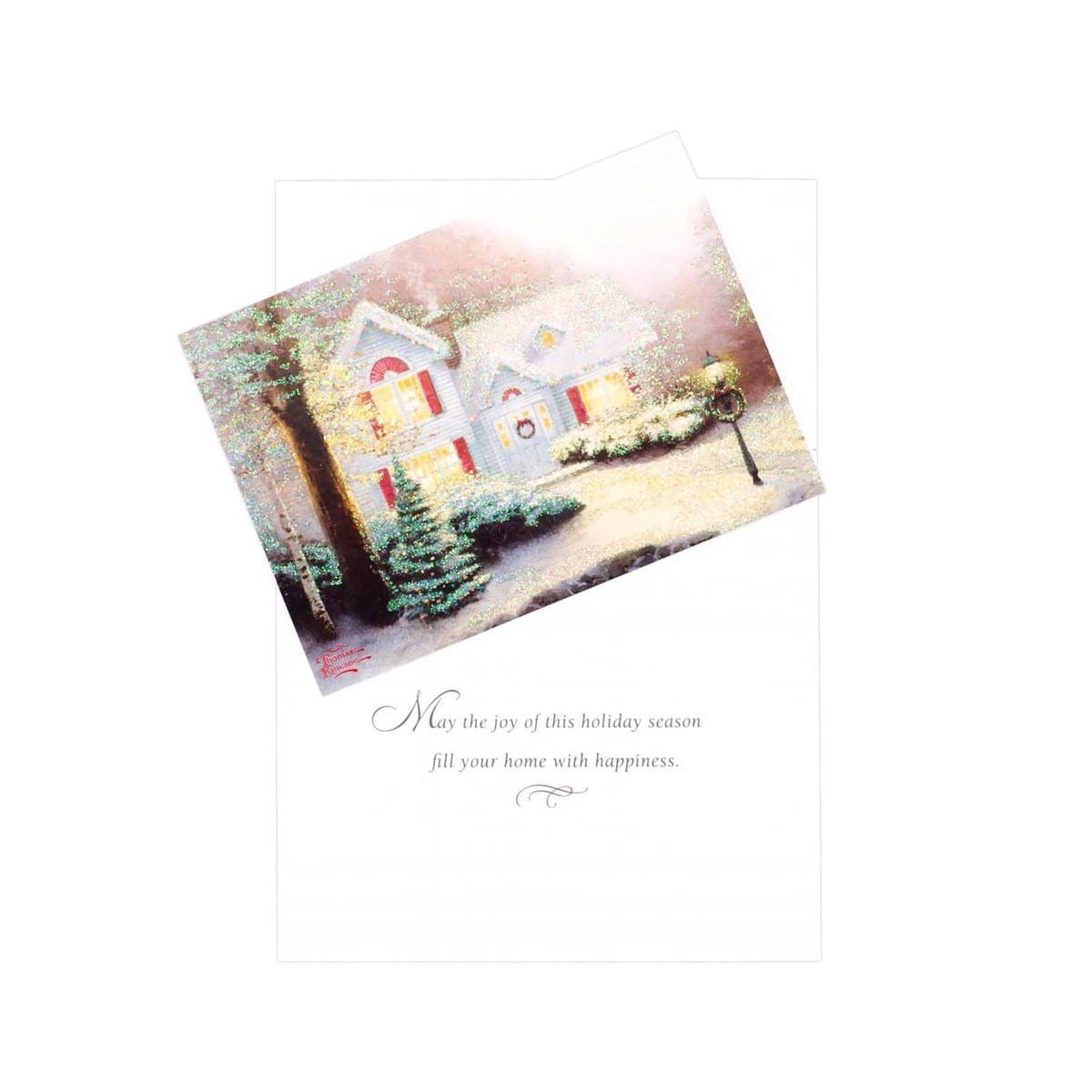 Christmas greeting card with snowy house illustration and printed holiday season message