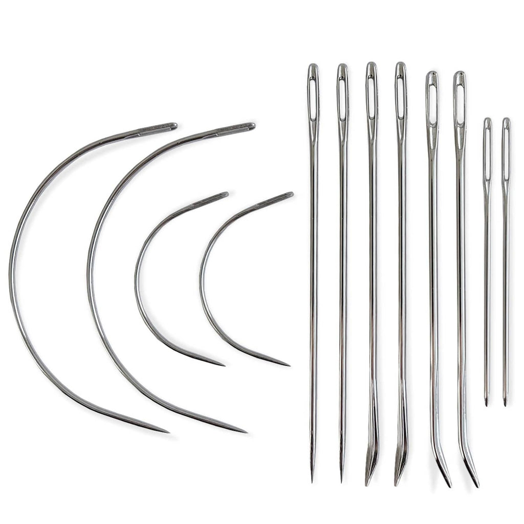 Heavy-duty hand sewing needle set with 12 long curved needles in steel
