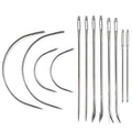 Heavy-duty hand sewing needle set with 12 long curved needles in steel