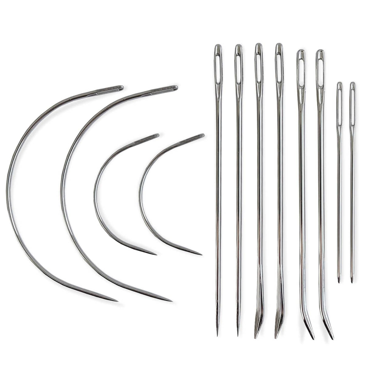 Heavy-duty hand sewing needle set with 12 long curved needles in steel