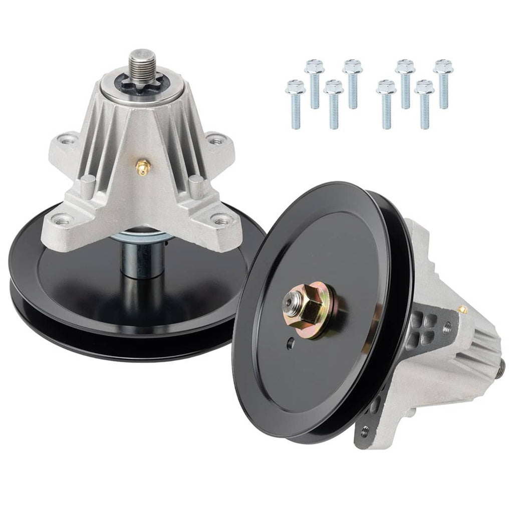 Deck spindle assembly with black pulley wheel, silver housing, and included mounting bolts
