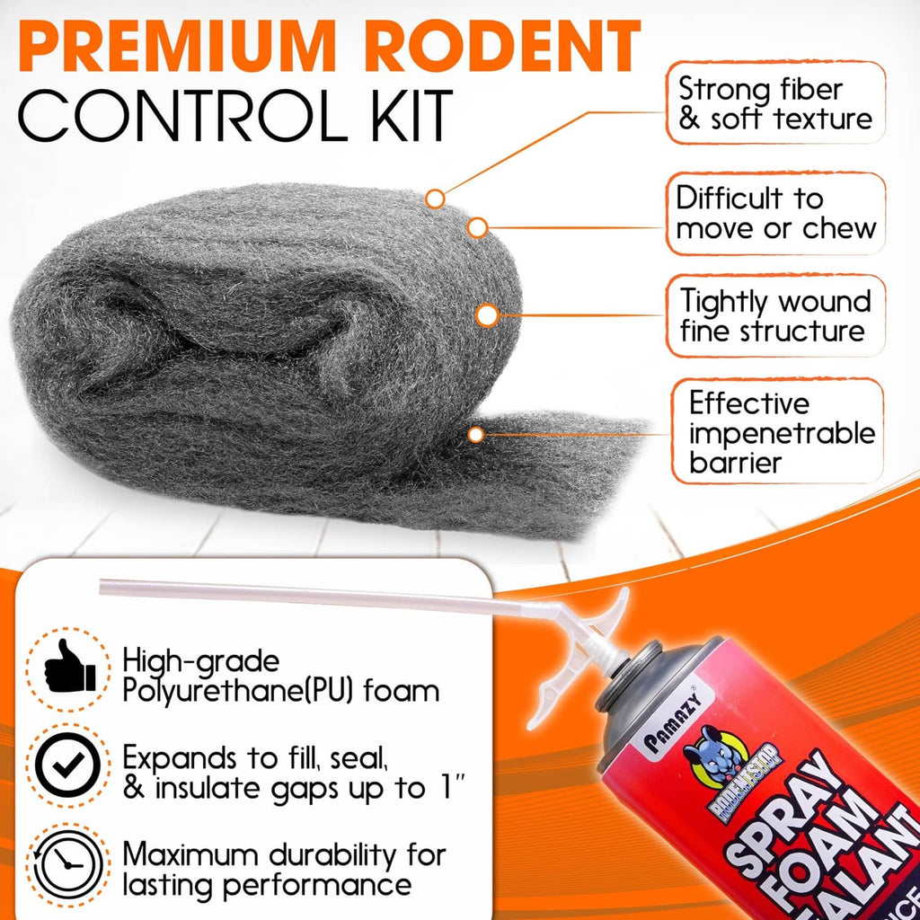 Rodent control steel wool roll with strong fiber texture and spray foam sealant