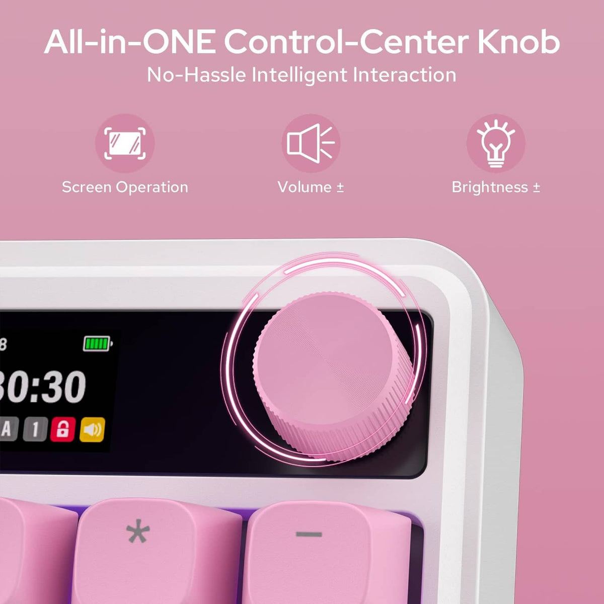 Wireless gaming keyboard with rotary control knob and LCD smart screen above pink keys