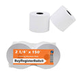 White adding machine tape rolls, two 2-1/4 in x 150 ft rolls with visible cores