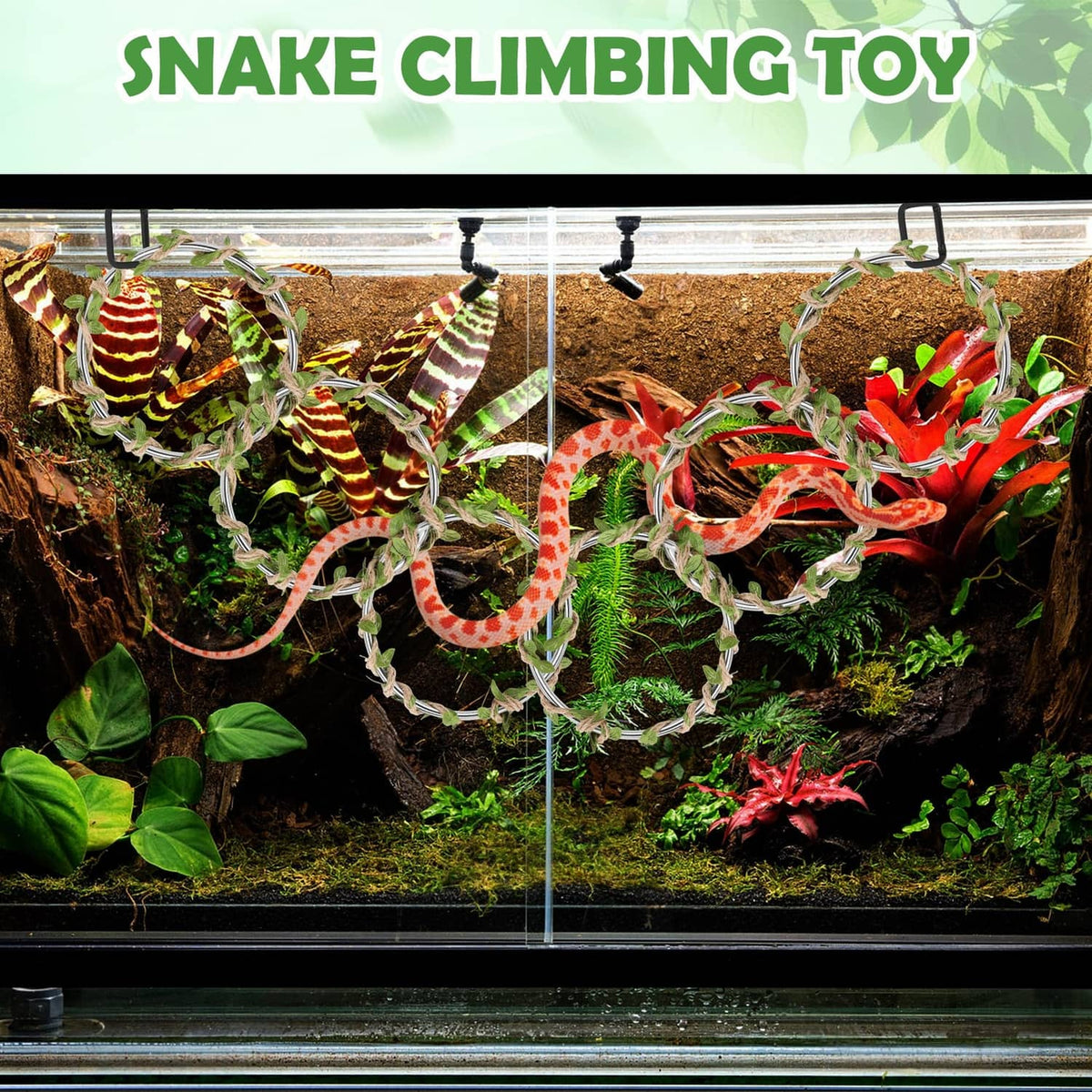 Snake climbing toy made of linked metal rings with red-and-white snake design and vines.