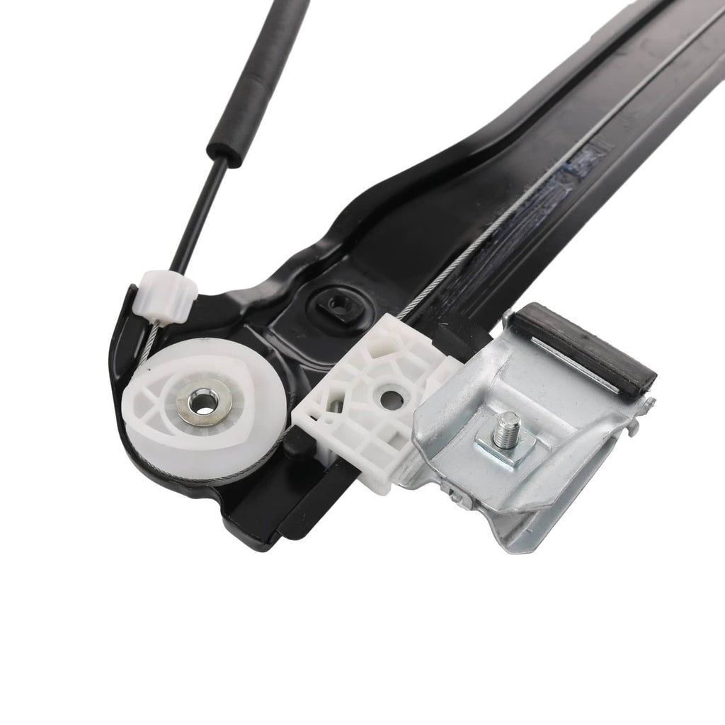 Front driver power window regulator with motor, black and white linkage with metal bracket