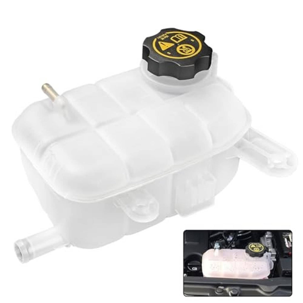 White coolant reservoir tank with black warning cap and side outlet, shown at angle