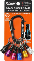 6-pack quick release driver bit keychain holders with metal bit catches, assorted colors