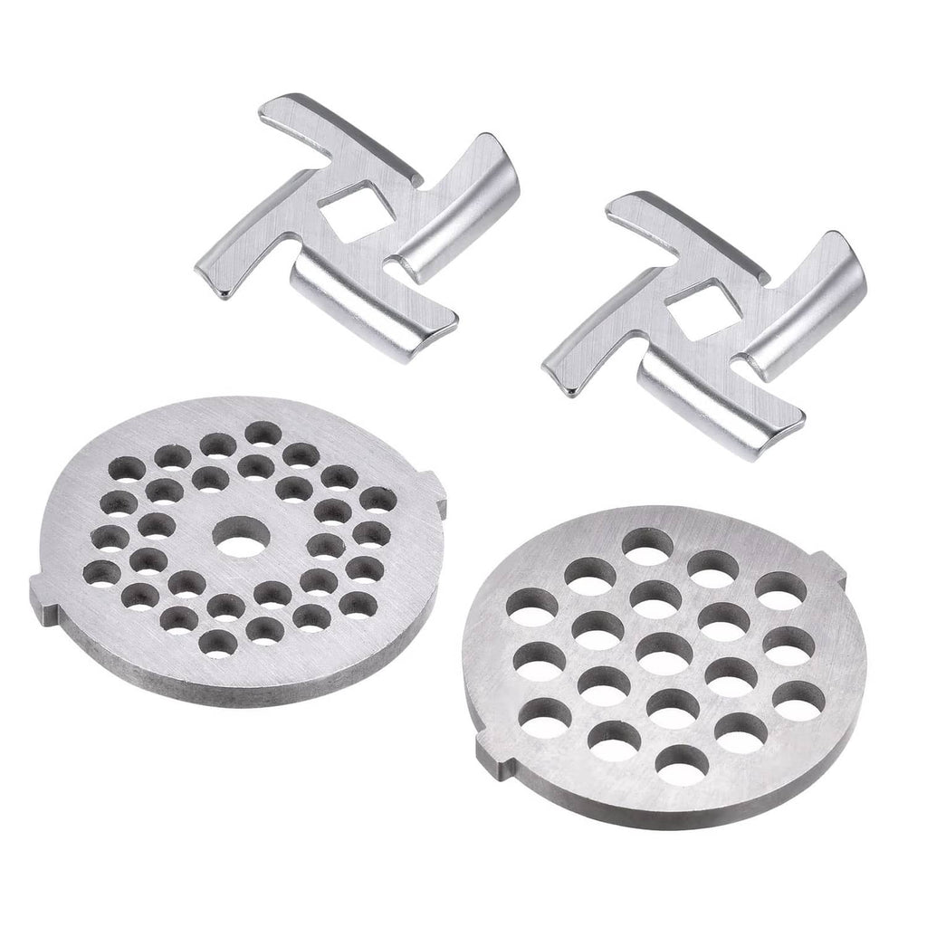 Stainless steel meat grinder blades and perforated grinding plates, silver tone set