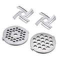 Stainless steel meat grinder blades and perforated grinding plates, silver tone set