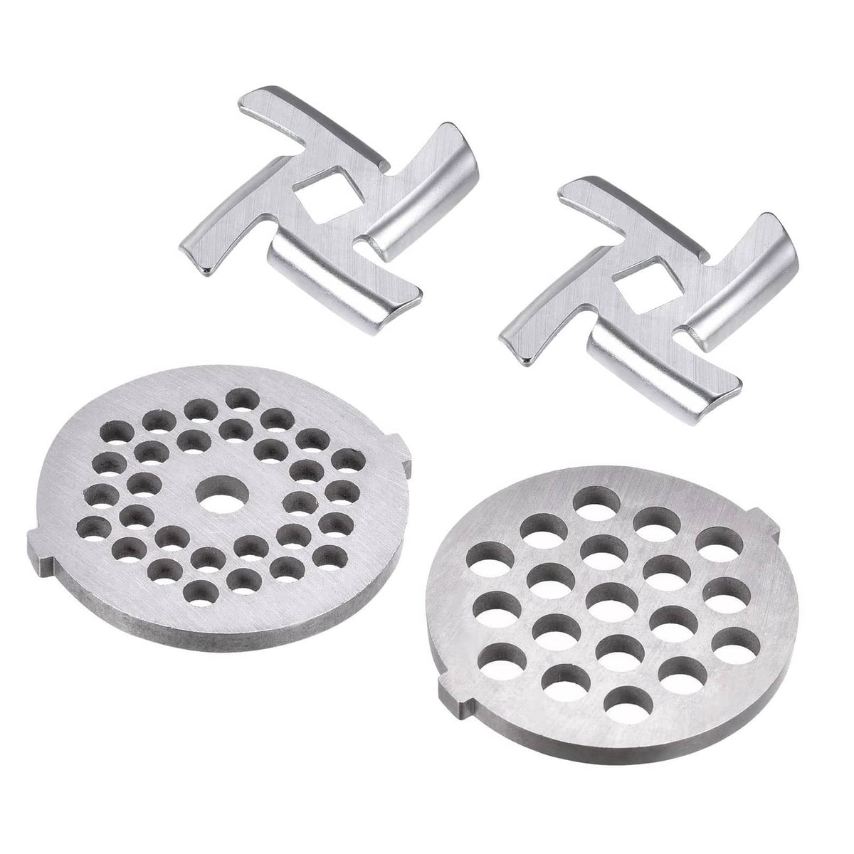 Stainless steel meat grinder blades and perforated grinding plates, silver tone set