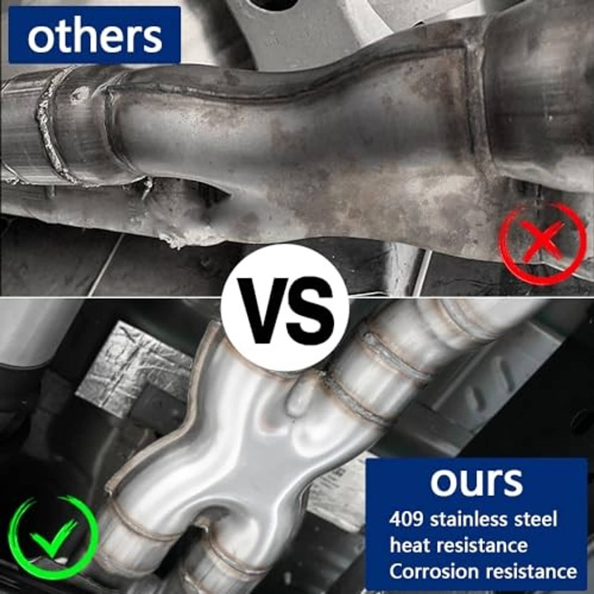 Stainless steel X-pipe crossover exhaust with dual end sleeves and central crossover