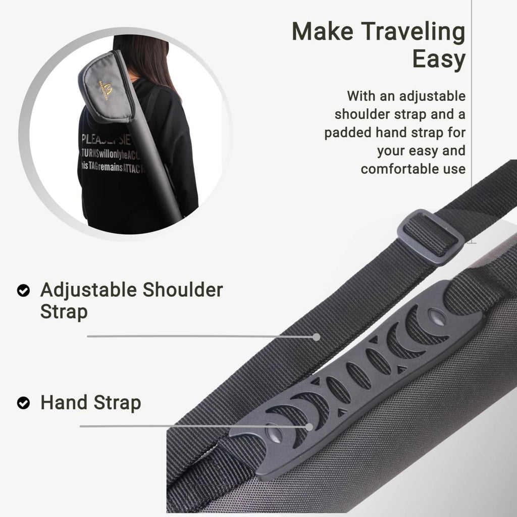Grey fly rod case with adjustable shoulder strap and hand strap for carrying