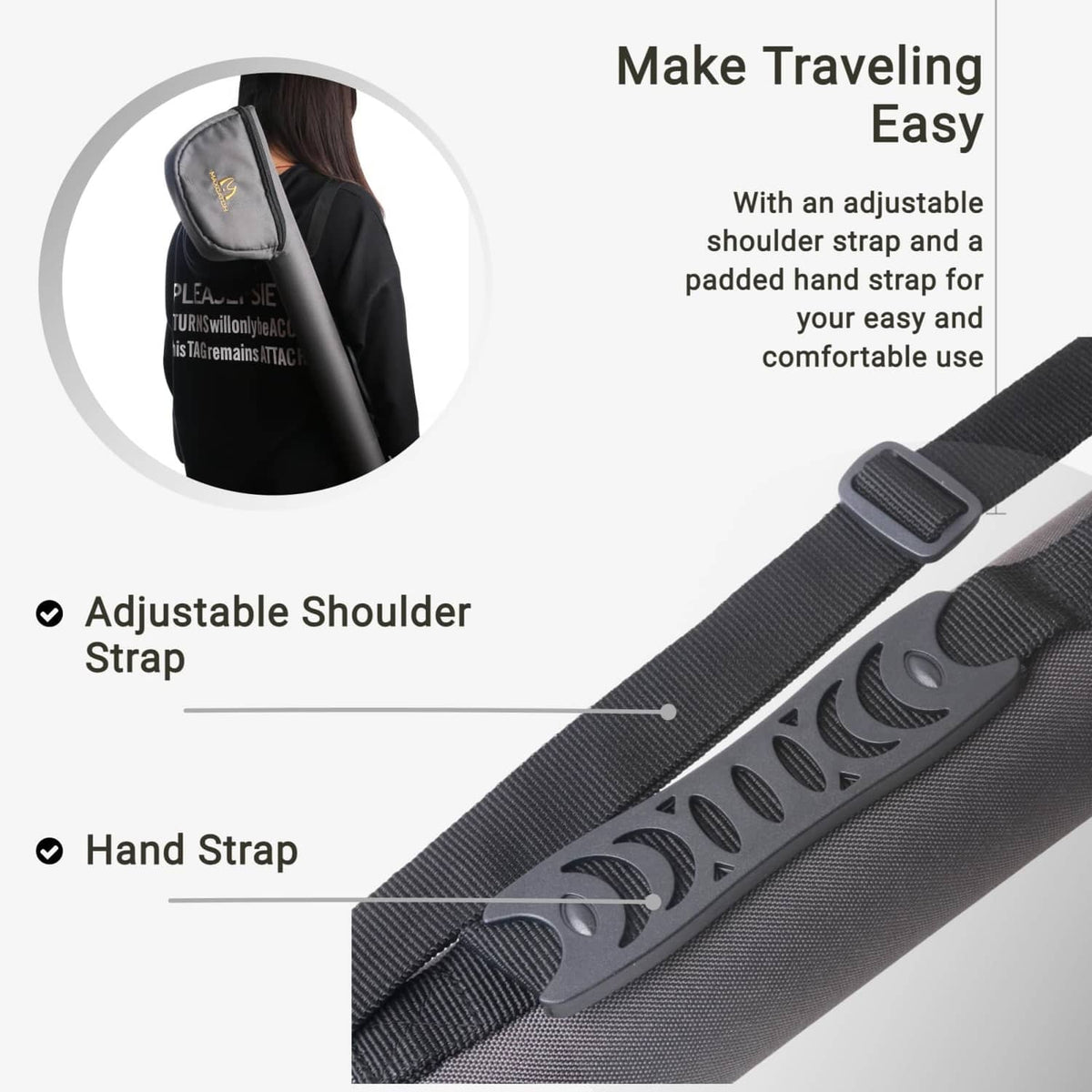 Grey fly rod case with adjustable shoulder strap and hand strap for carrying