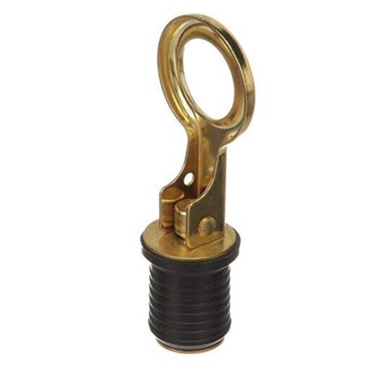 Snap-handle drain plug with brass handle and black ribbed rubber base