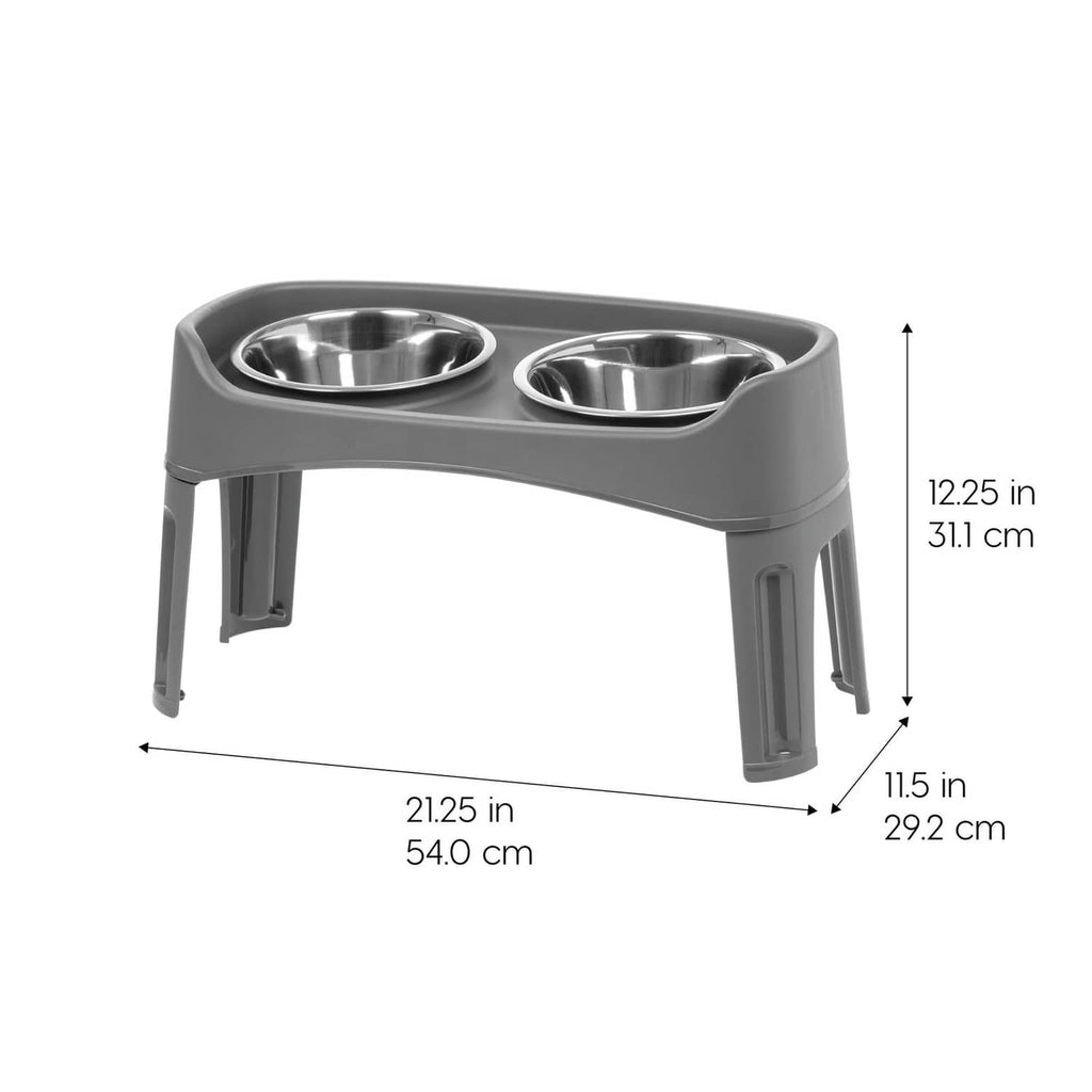 Grey elevated dog bowl stand with two stainless steel bowls, front angle view