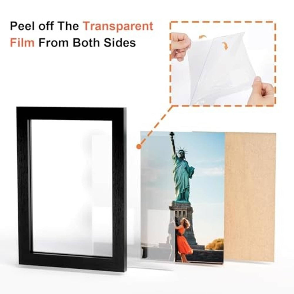 Black 4-photo folding picture frame with protective film being peeled from front cover