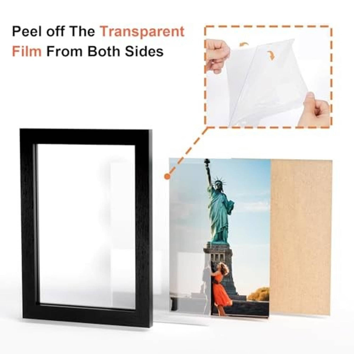 Black 4-photo folding picture frame with protective film being peeled from front cover