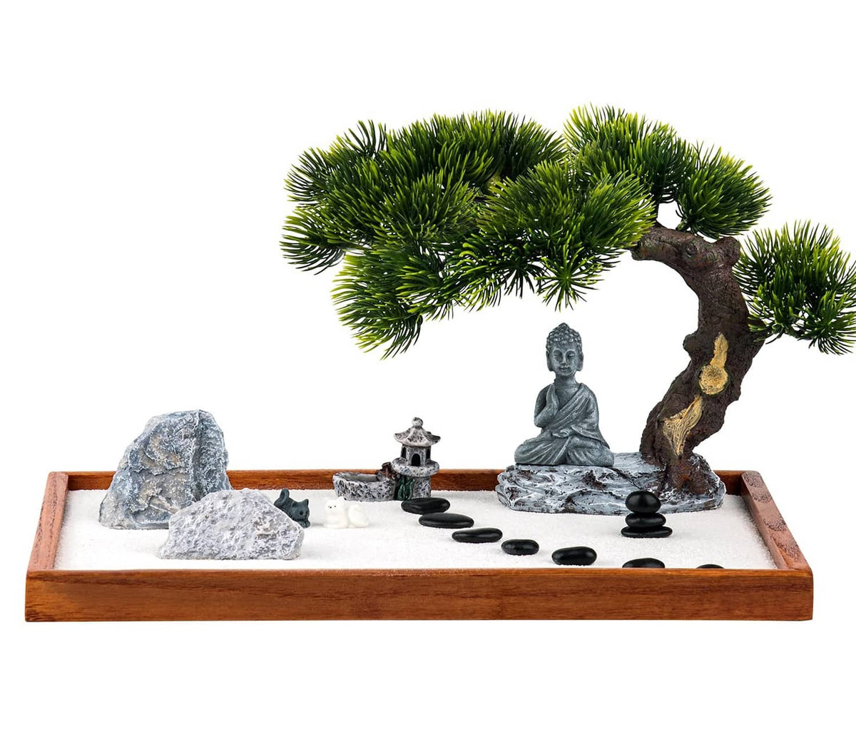 Mini zen garden kit on wooden tray with Buddha statue, rocks, sand, and stones