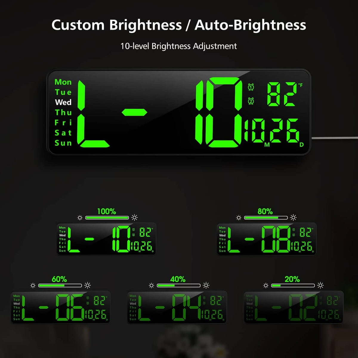 Digital wall clock featuring green LED time display with custom/auto brightness examples