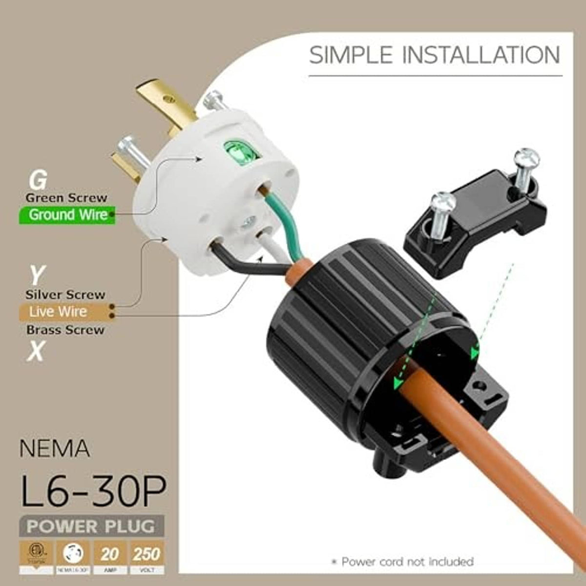 NEMA-style power plug showing terminal screws and wiring on a white face with black body
