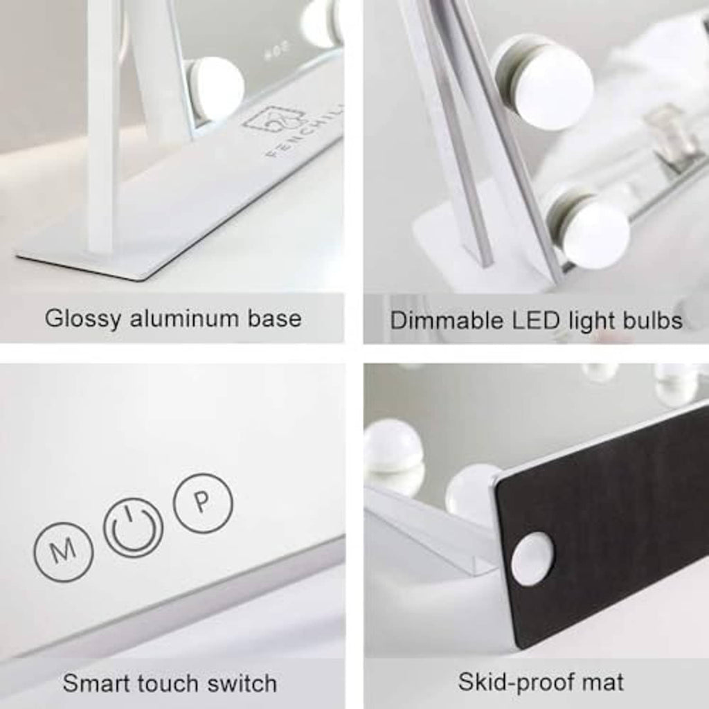 Lighted vanity mirror details: glossy aluminum base, dimmable LED bulbs, skid-proof mat