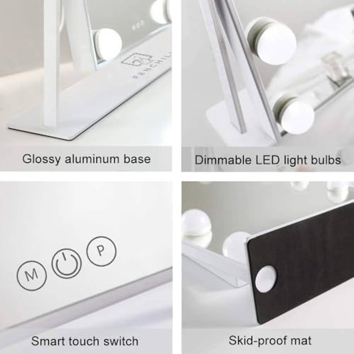 Lighted vanity mirror details: glossy aluminum base, dimmable LED bulbs, skid-proof mat