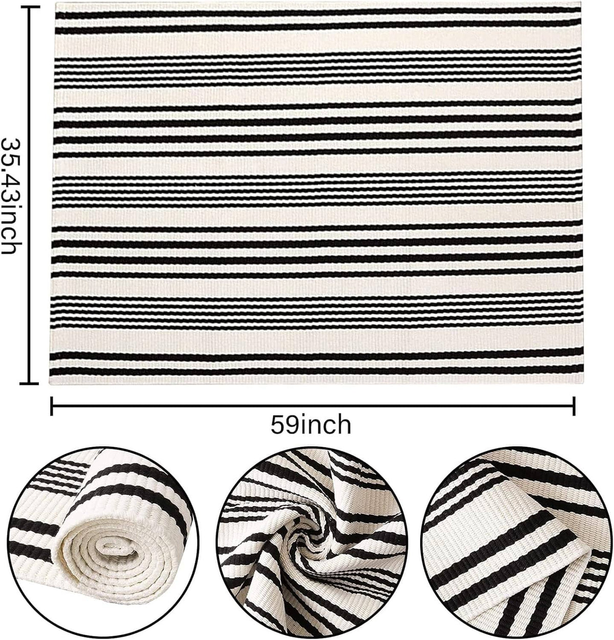 Black-and-white striped woven rug, rectangular layout with closely spaced horizontal bands.