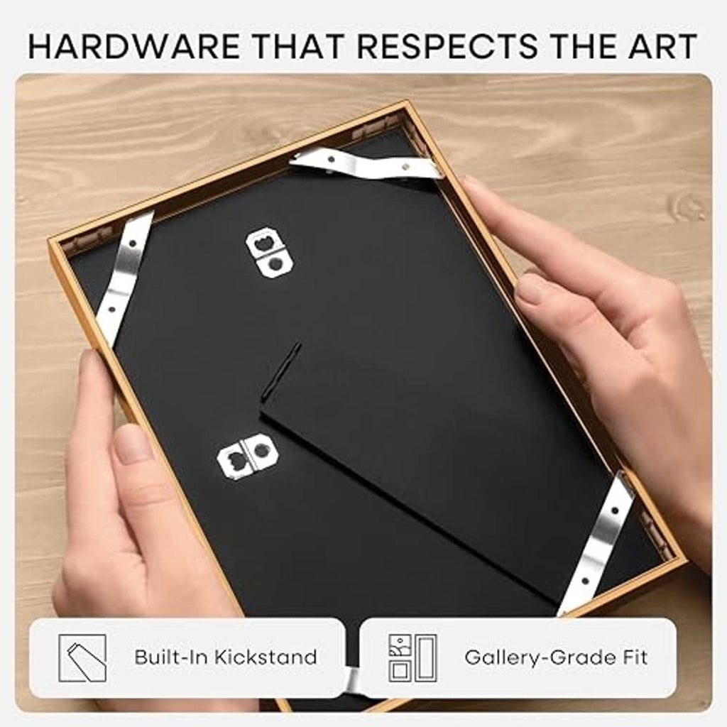 Bronze metal photo frame back view with mounting hardware and built-in support