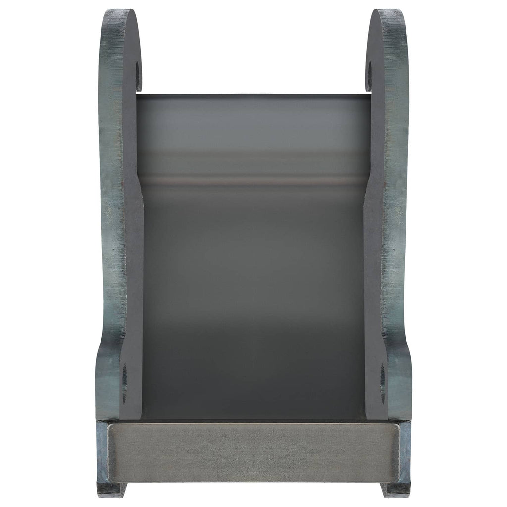 Rear view of dark gray excavator coupler bracket, rectangular open area with end tabs