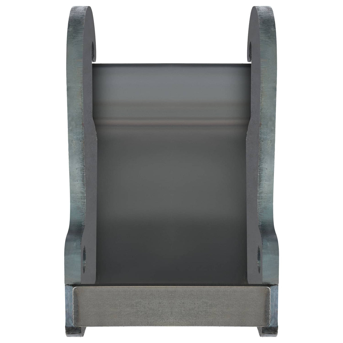 Rear view of dark gray excavator coupler bracket, rectangular open area with end tabs