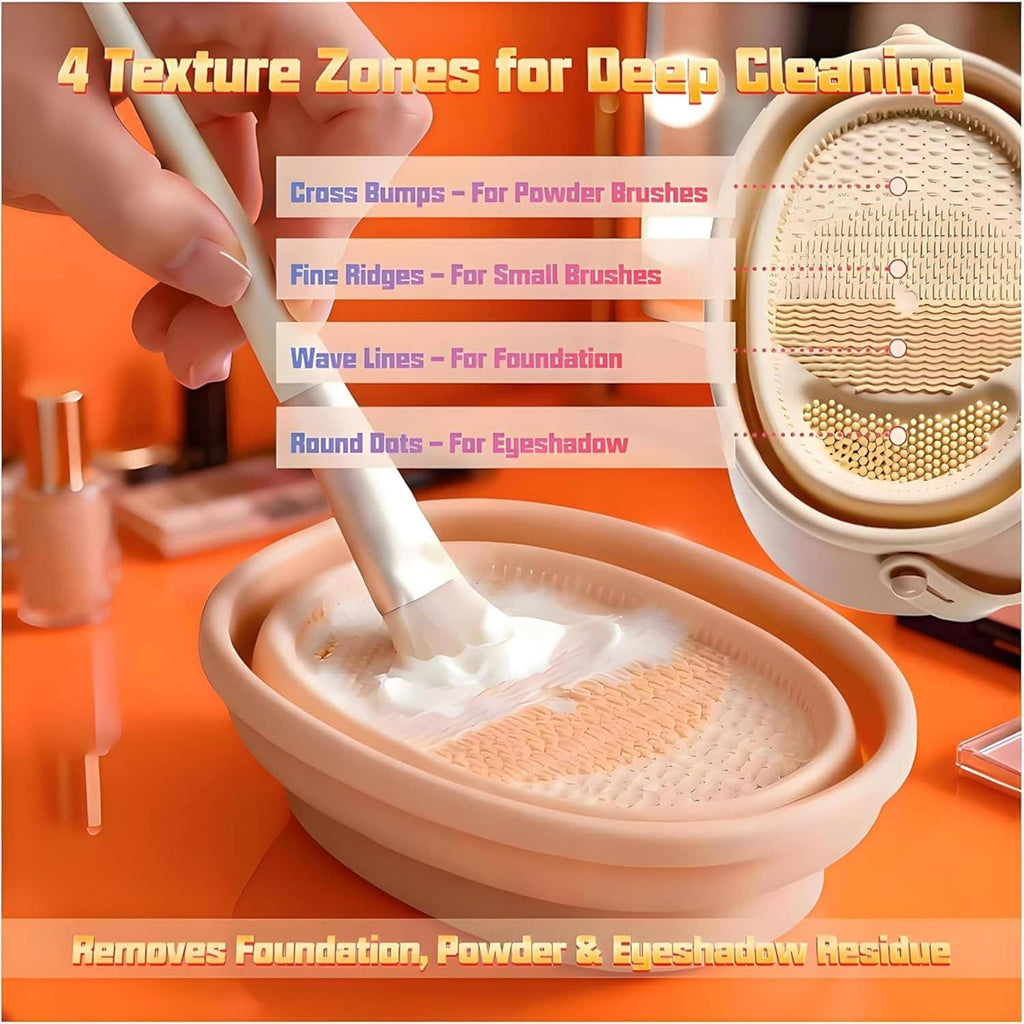 Silicone cleaning pad in brush dryer with textured zones and bristle-brush contact, beige