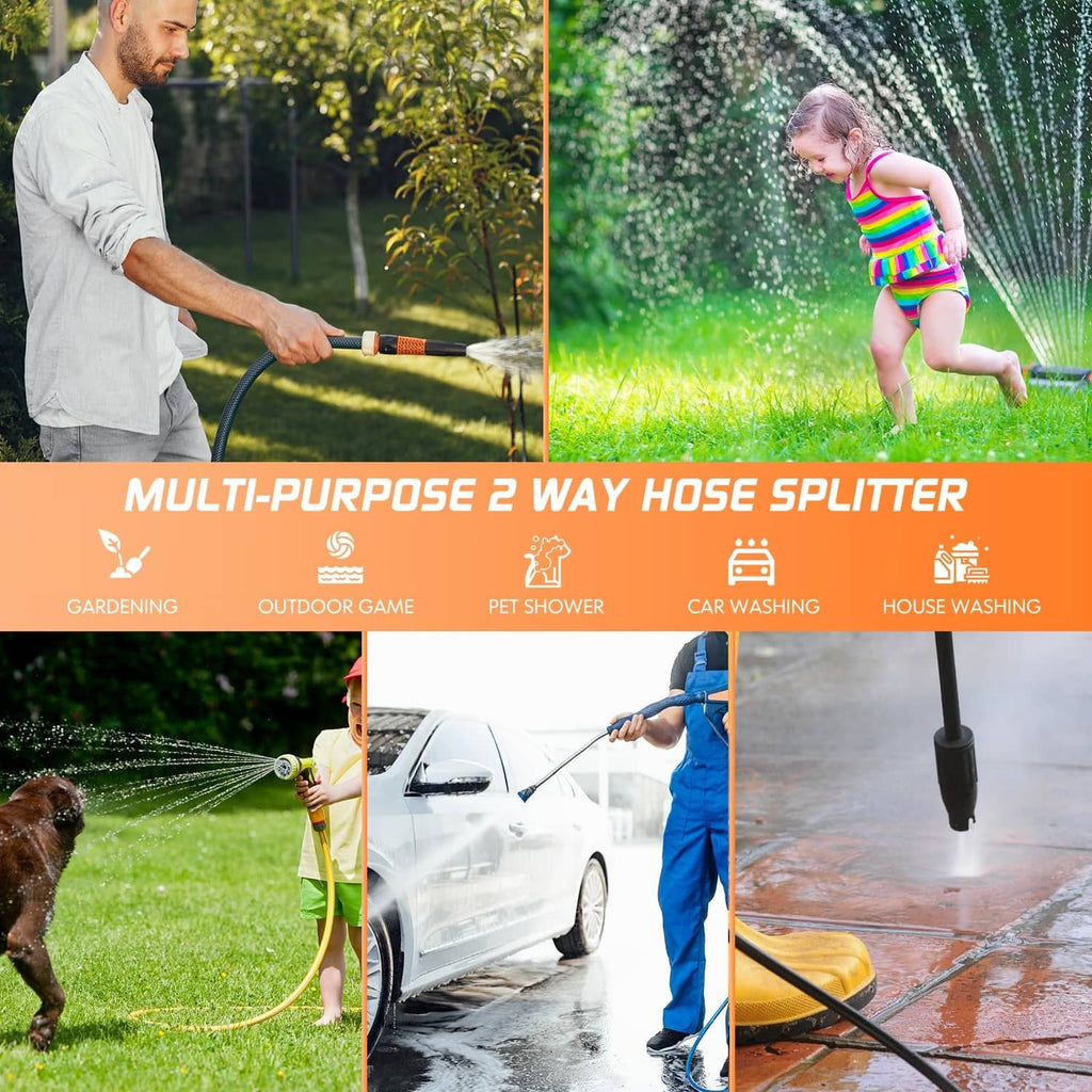 Two-way garden hose splitter for outdoor use, orange/black body attached to hose