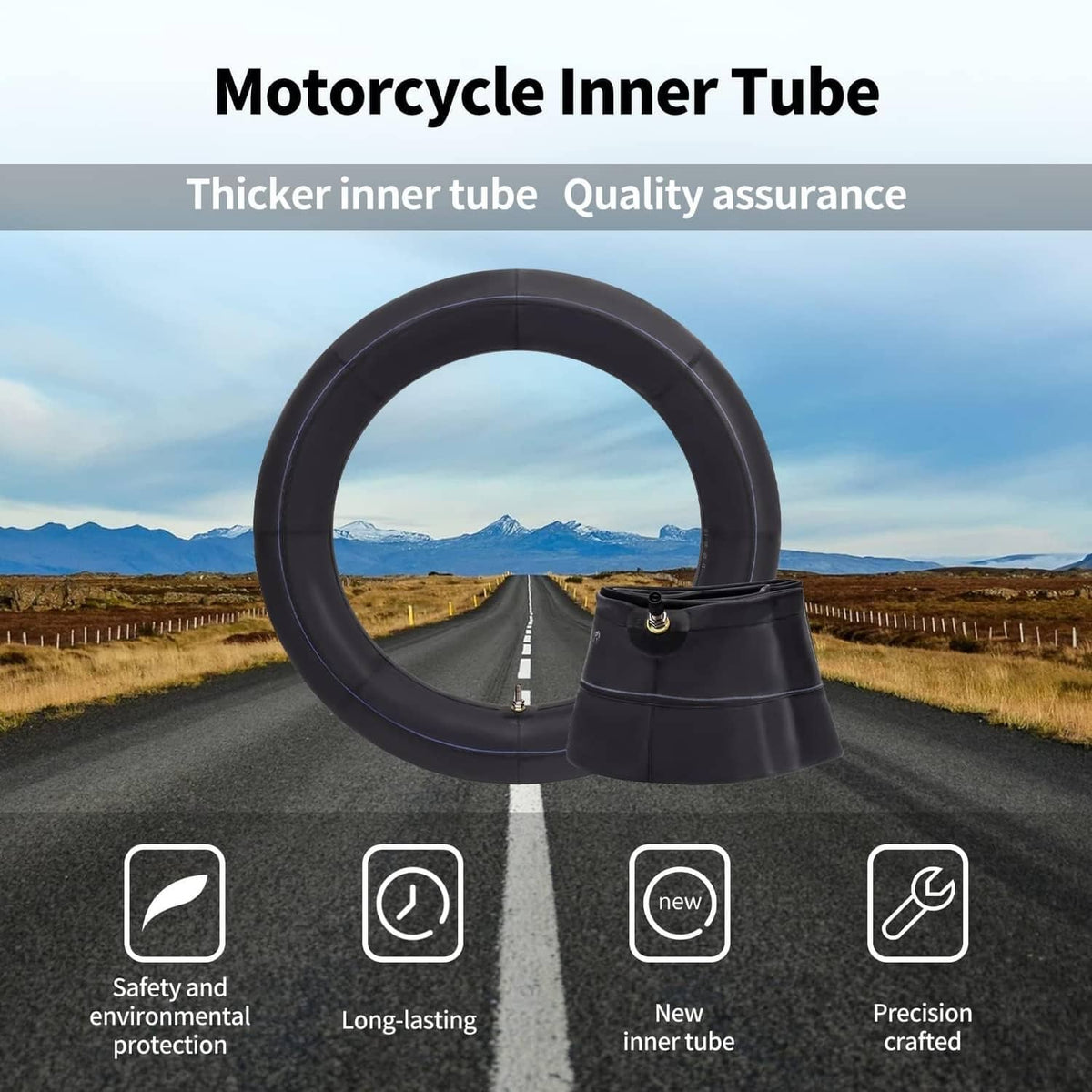 Black motorcycle inner tube with valve stem, thicker rubber ring