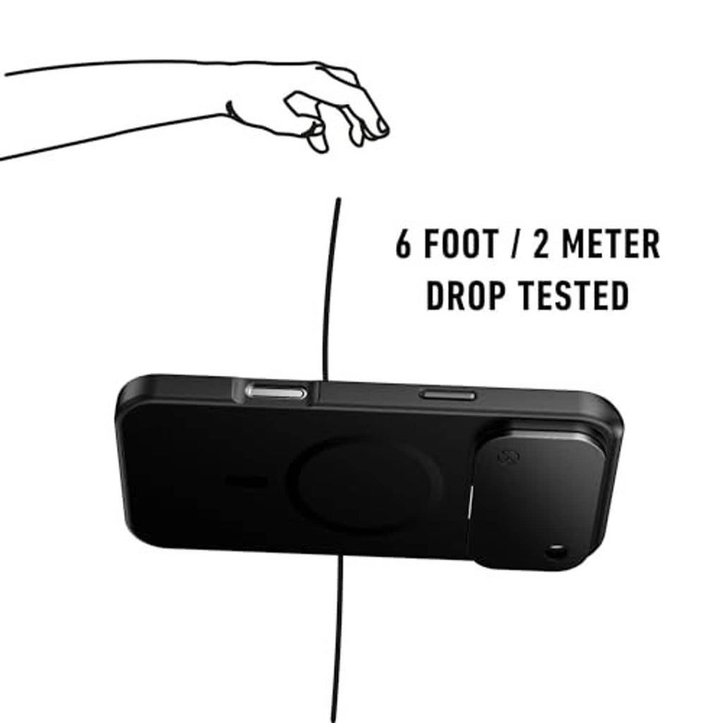 Black iPhone privacy case with reinforced edges for 6-foot drop testing