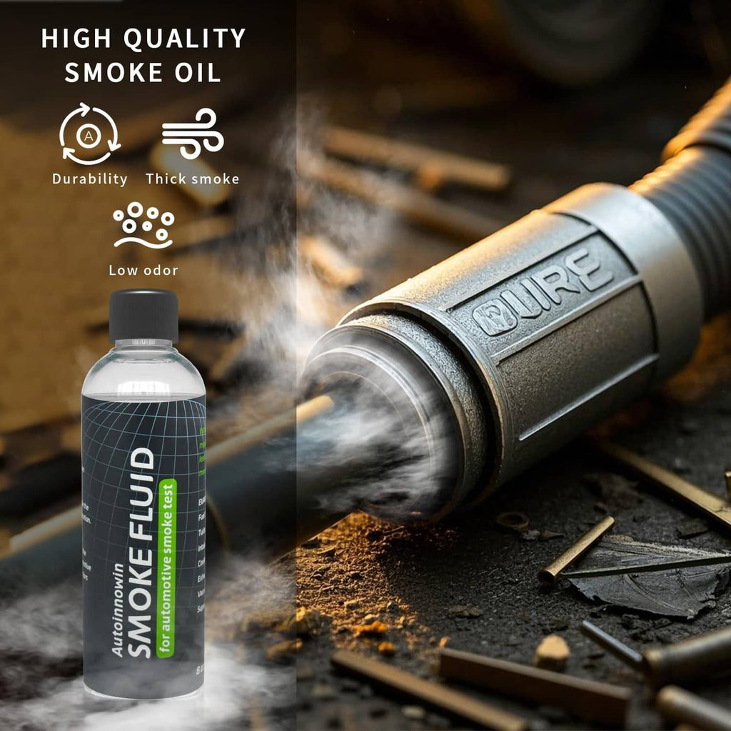Smoke fluid bottle near a metal engine fitting, releasing visible white smoke