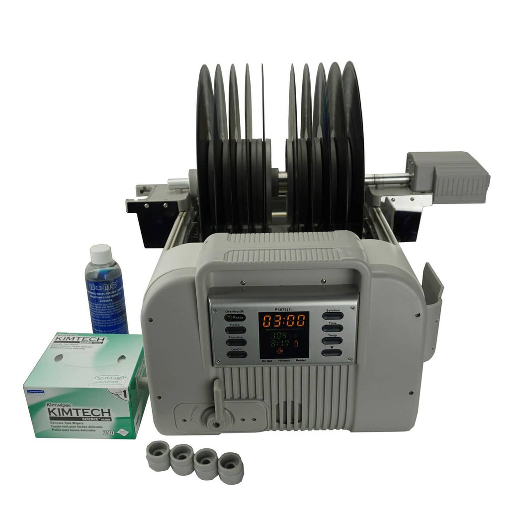 Ultrasonic vinyl record cleaning machine with side bottle and included cleaning parts