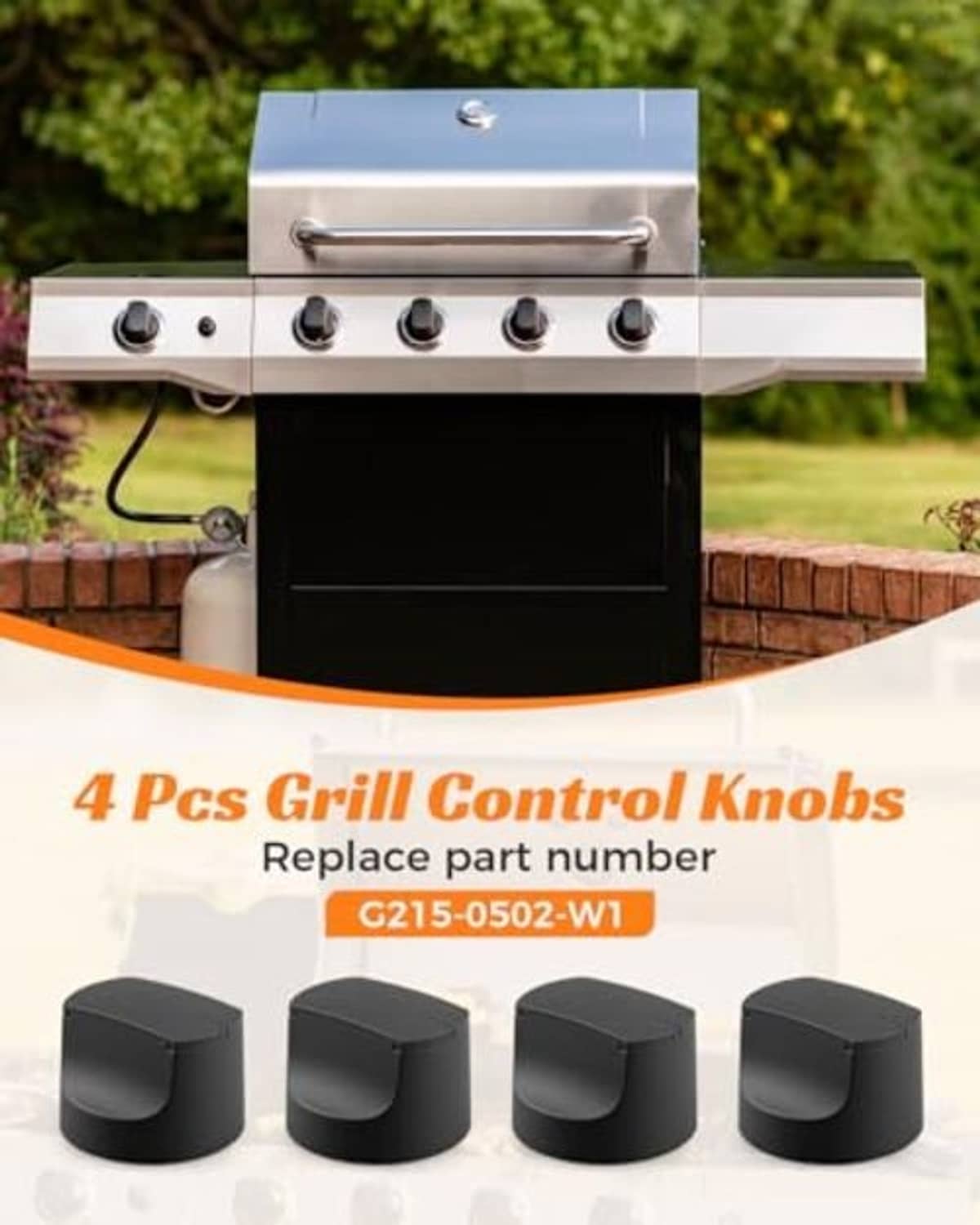 Four black grill control knobs displayed in a row for replacement