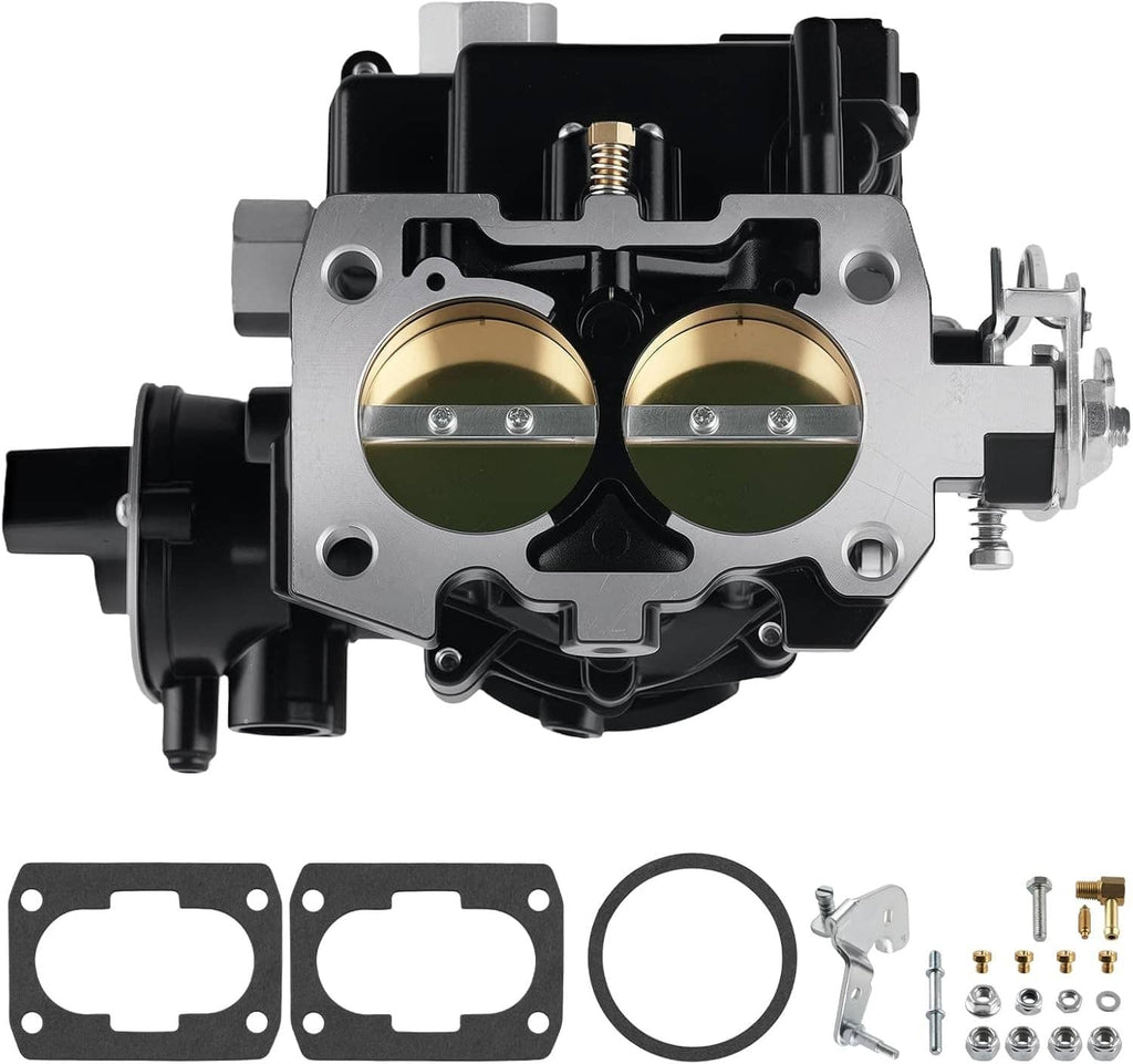 Marine carburetor top view with dual brass throttle bores and black housing