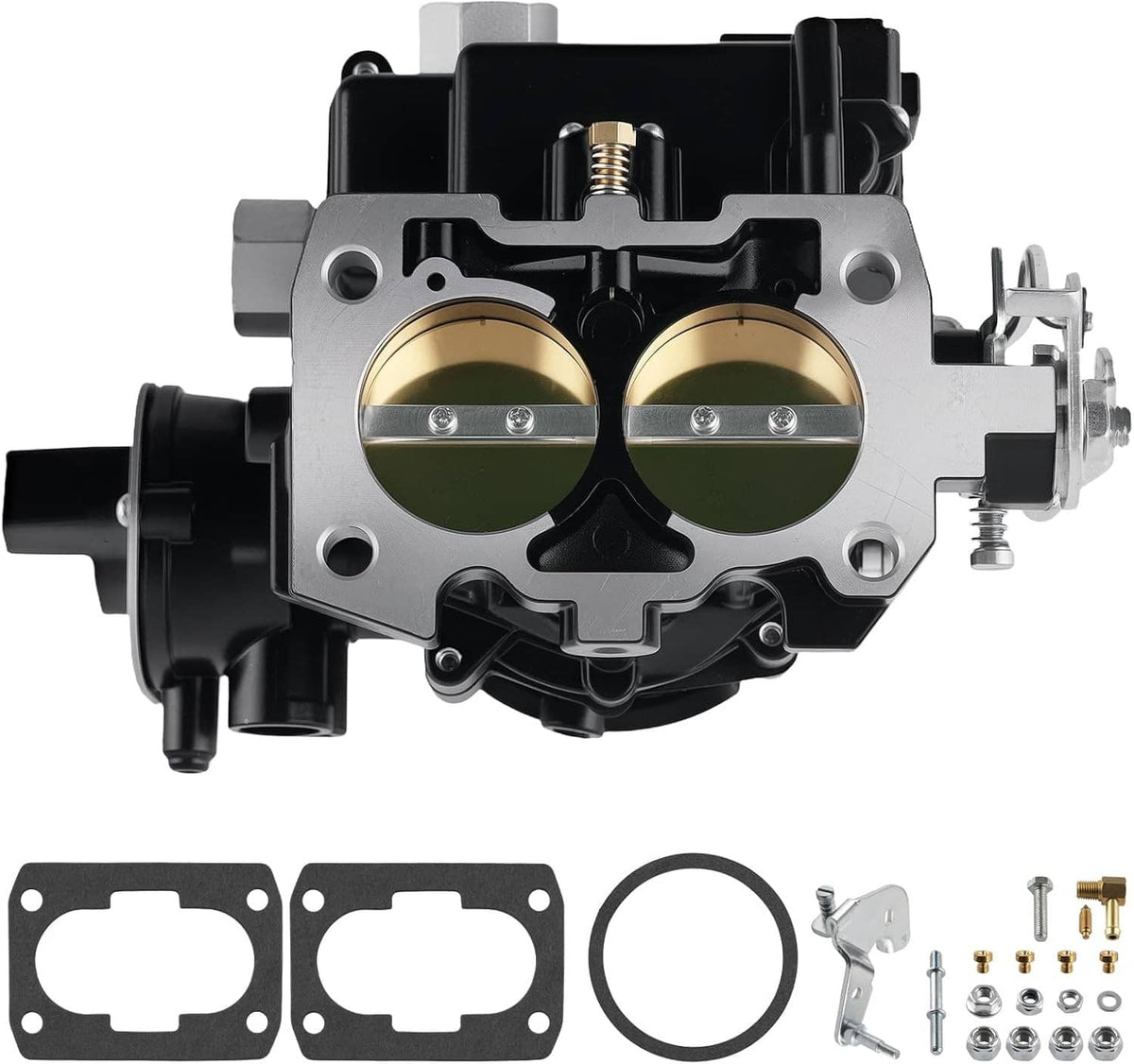 Marine carburetor top view with dual brass throttle bores and black housing