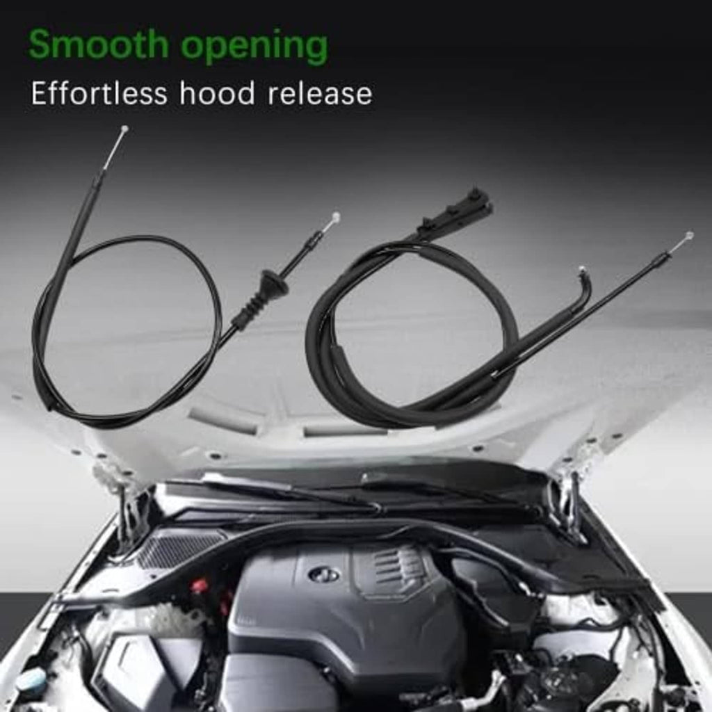 Engine hood release cable wire set with two black cables and metal release ends