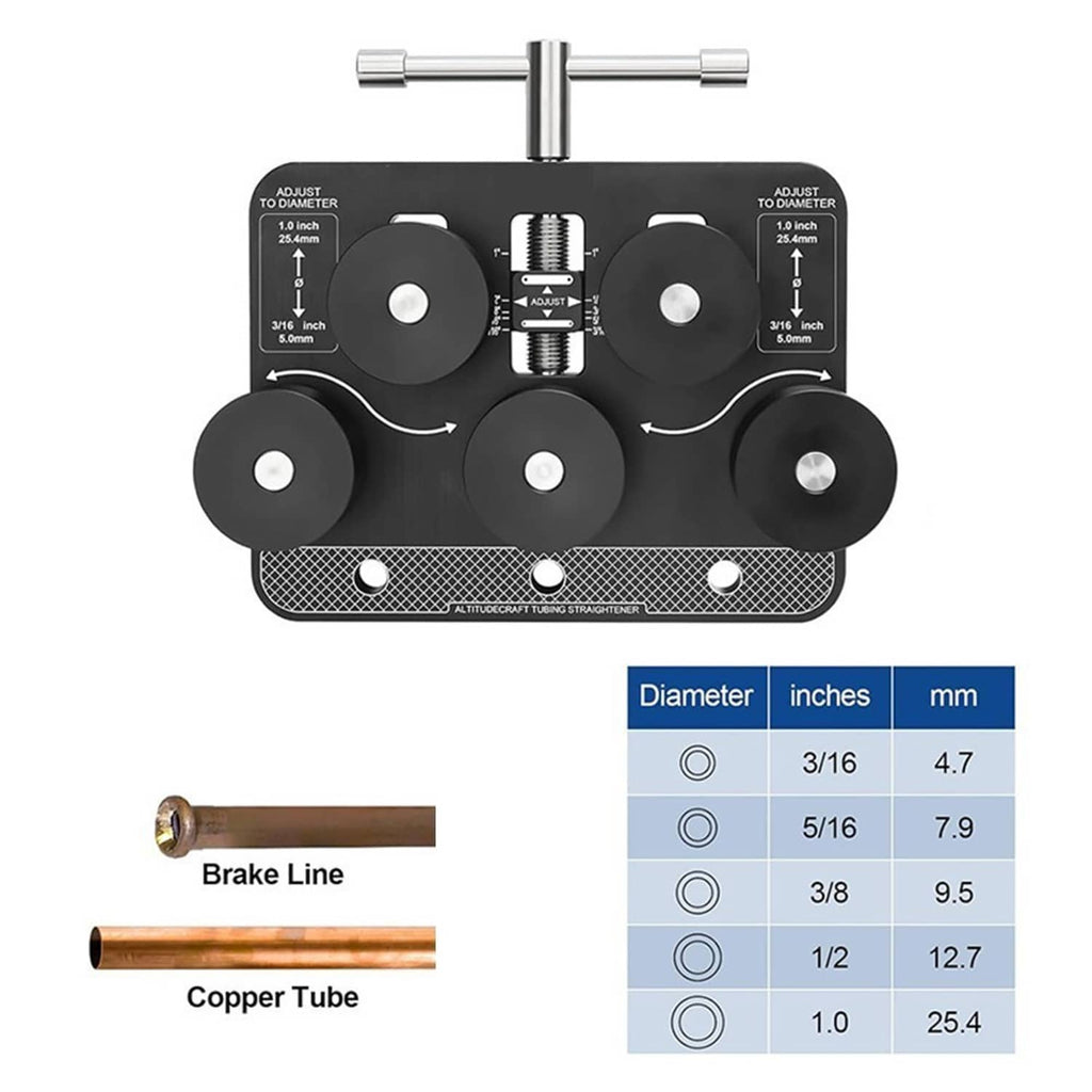 Tube straightener with multiple rollers and diameter adjustment scale