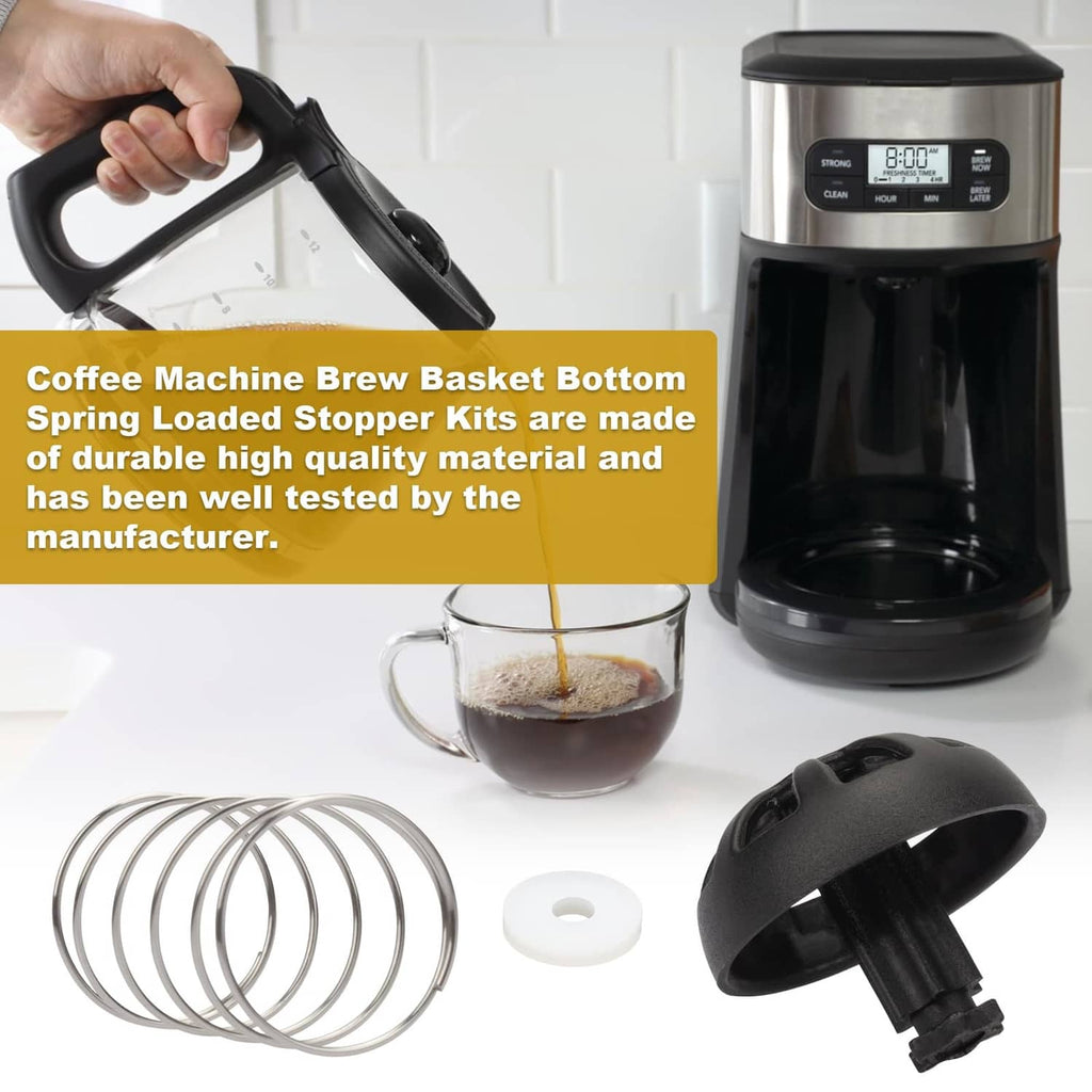 Black brew basket stopper kit with coil spring and white gasket disc during installation
