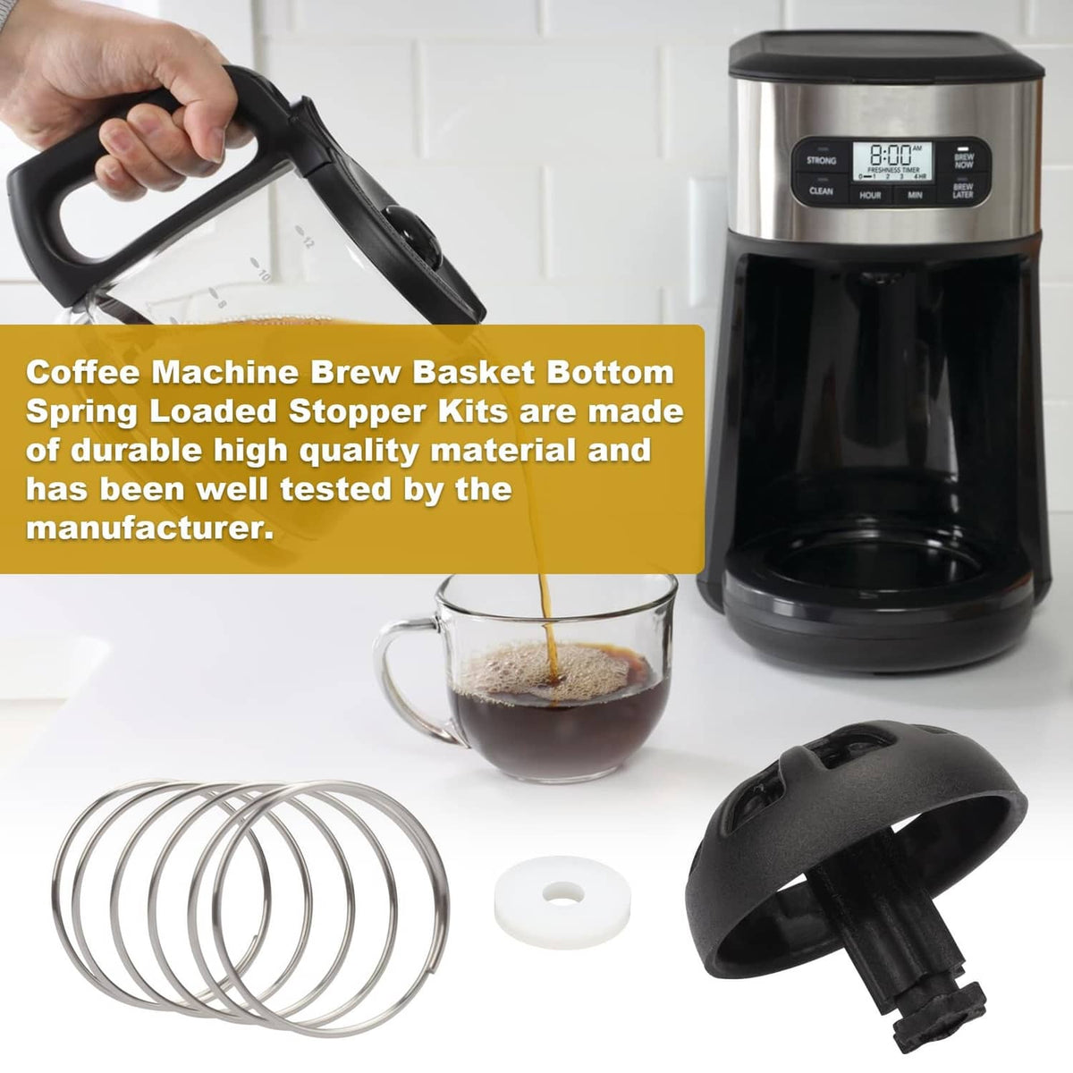 Black brew basket stopper kit with coil spring and white gasket disc during installation