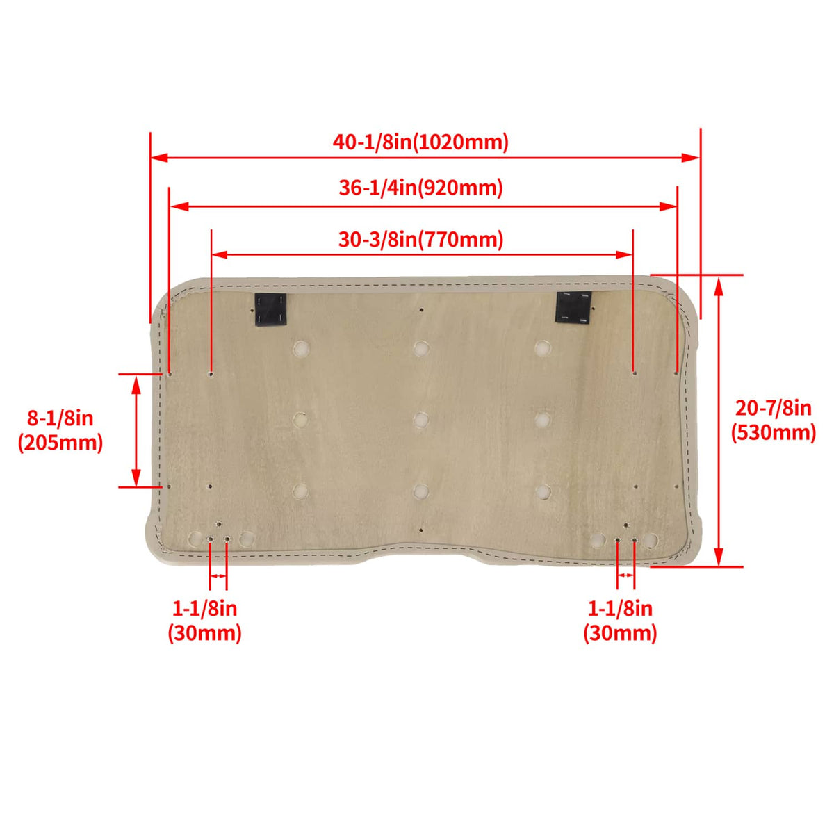 Beige seat bottom cushion cover with stitched edge and mounting hole placement