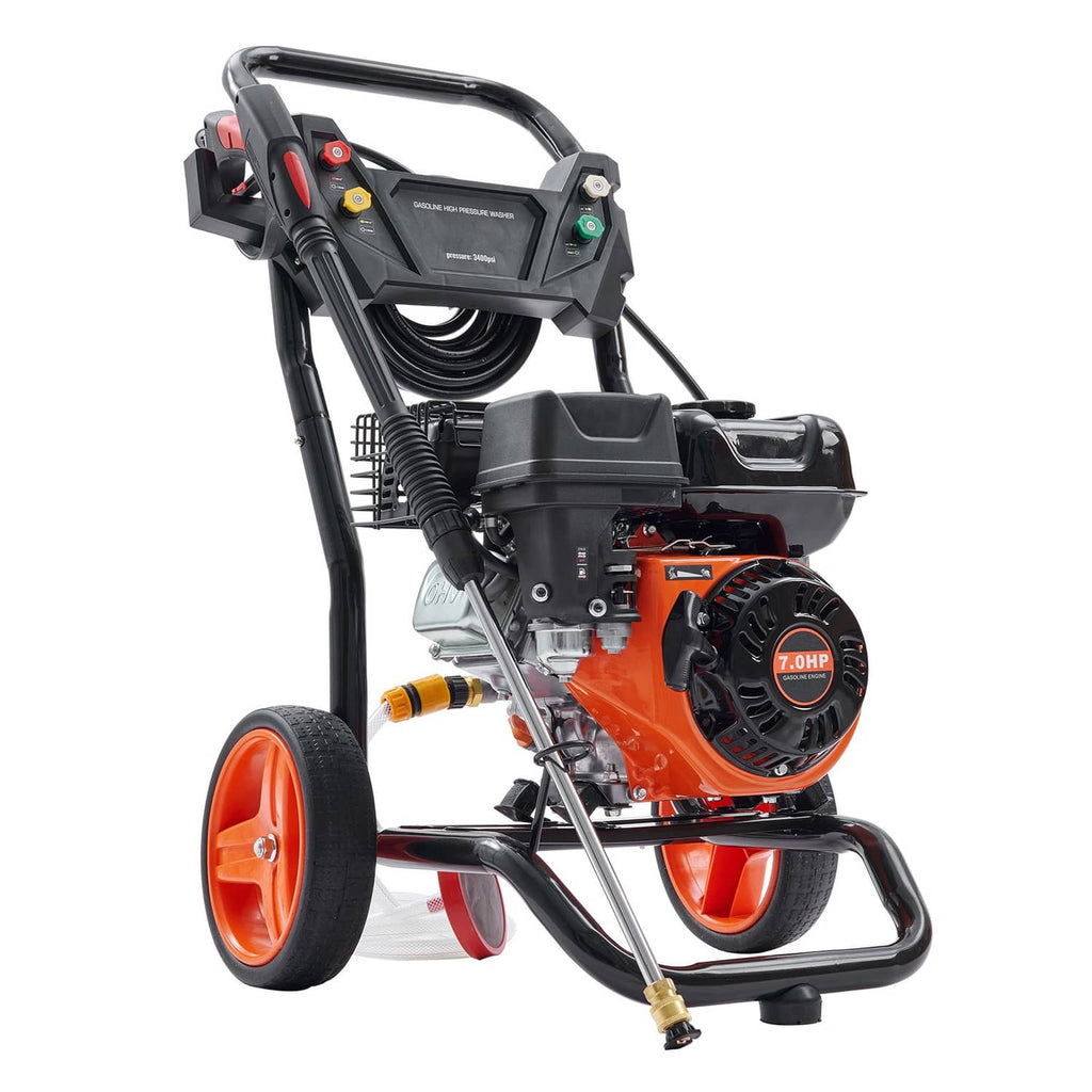 Gas pressure washer side view with orange engine, black frame, and orange wheel accents