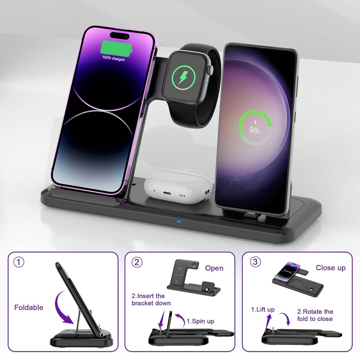 Foldable 4-in-1 wireless charging station with phone stands, smartwatch cradle, and earbud pad