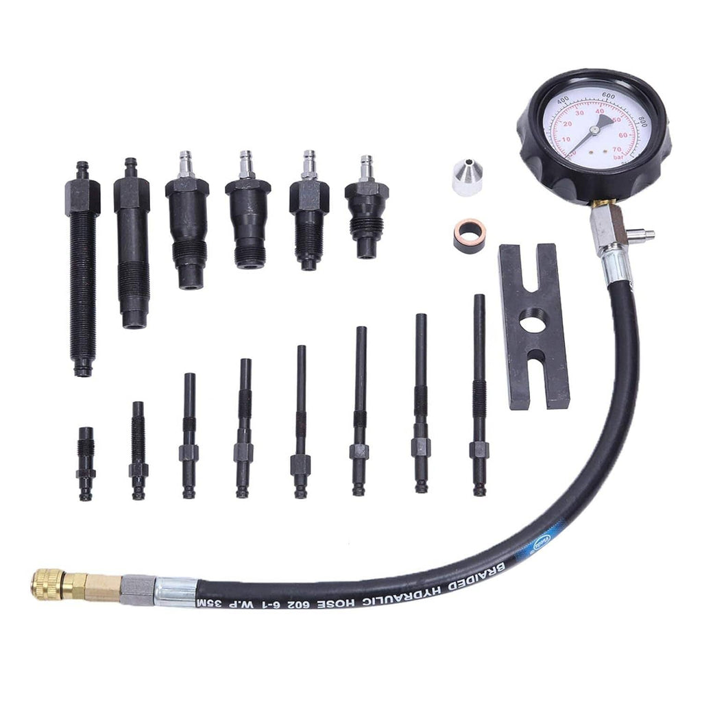Compression tester tool set with pressure gauge, black hose, adapters, and rings