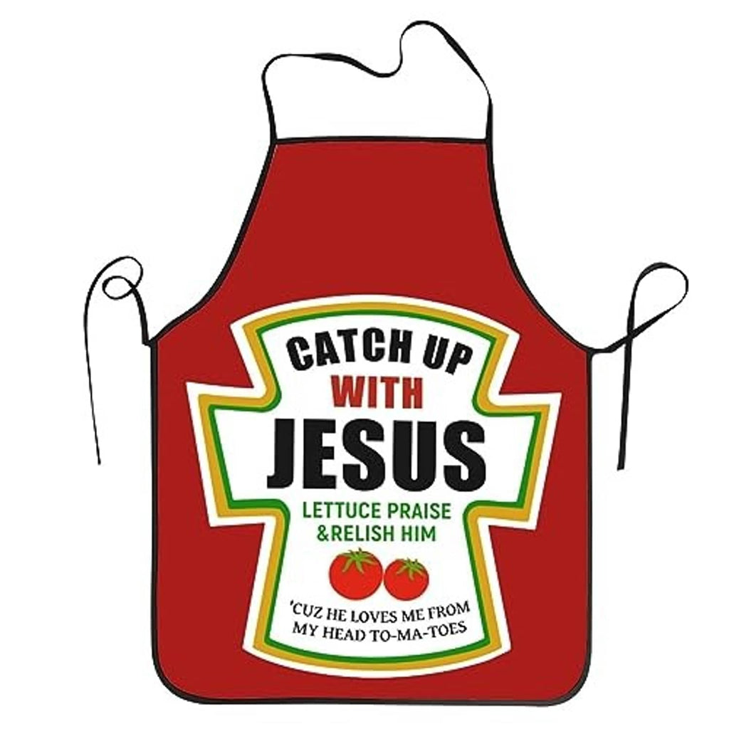 Red bib-style apron with Catch Up With Jesus logo, green border, and black ties.