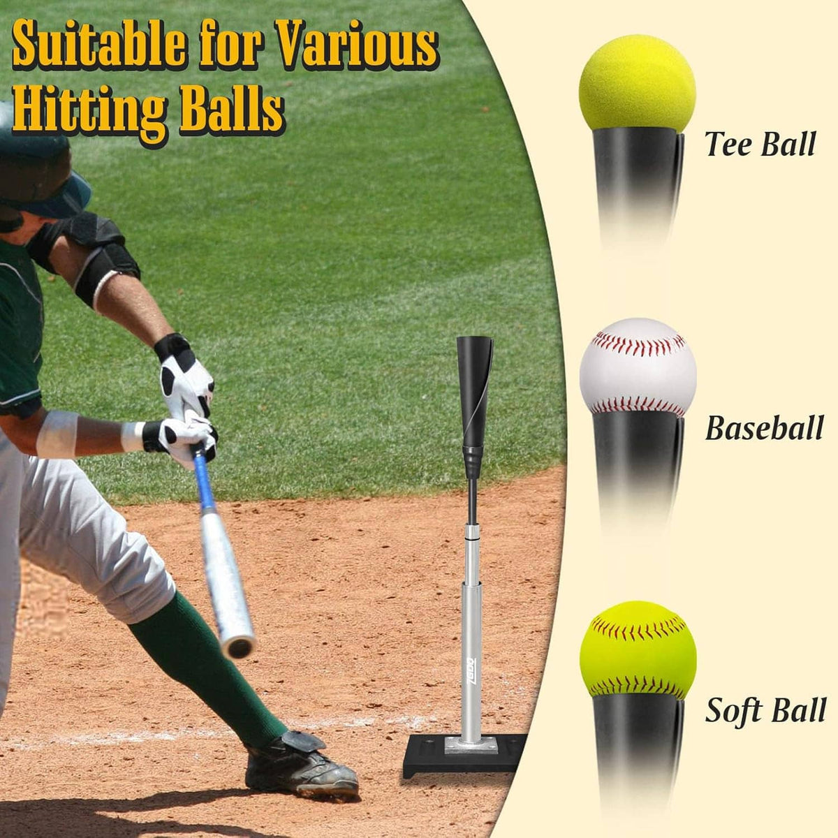 Baseball batting tee for practice, with black rubber top and matching tee cup